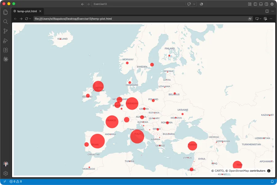 A scatter map that displays the number of world-wide cases of Covid-19 during the first four months