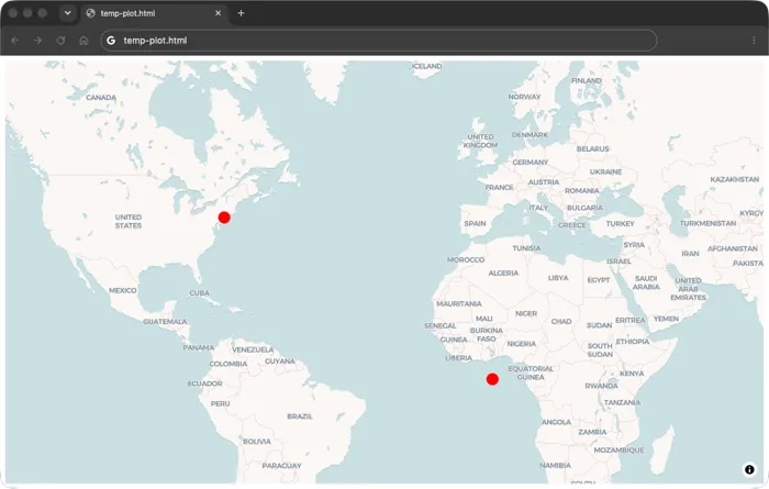 Plotly carto-voyager map style centered on the US with two red markers at New York City and Null Island coordinates
