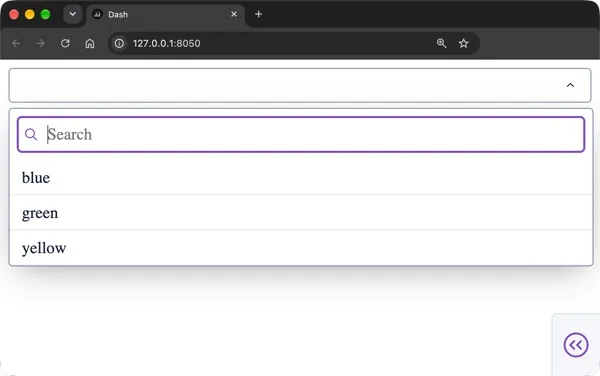 Dash app in browser showing a dropdown menu with blue, green, and yellow color options