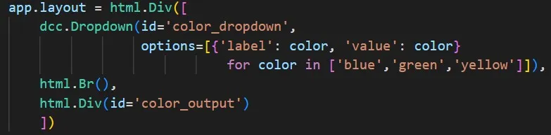 Dash app.py code showing id parameters color_dropdown and color_output assigned to the Dropdown and Div components