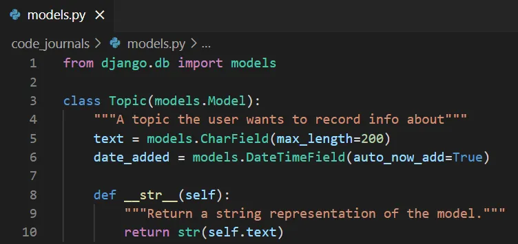 models.py open in VS Code showing the blank file with the "Create your models here" comment and a Topic class being defined