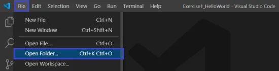 VS Code File menu open with "Open Folder" option highlighted