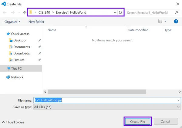 VS Code file save dialog confirming file location with a Create File button