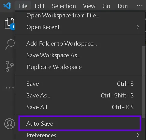VS Code File menu showing the Auto Save option being enabled