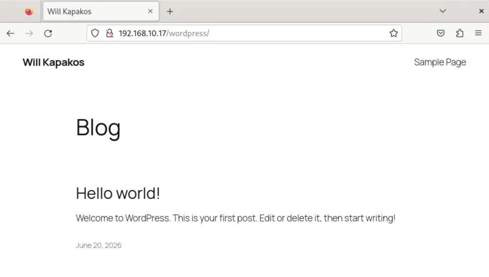Browser showing the WordPress installation homepage served from the Apache web server on Server 1