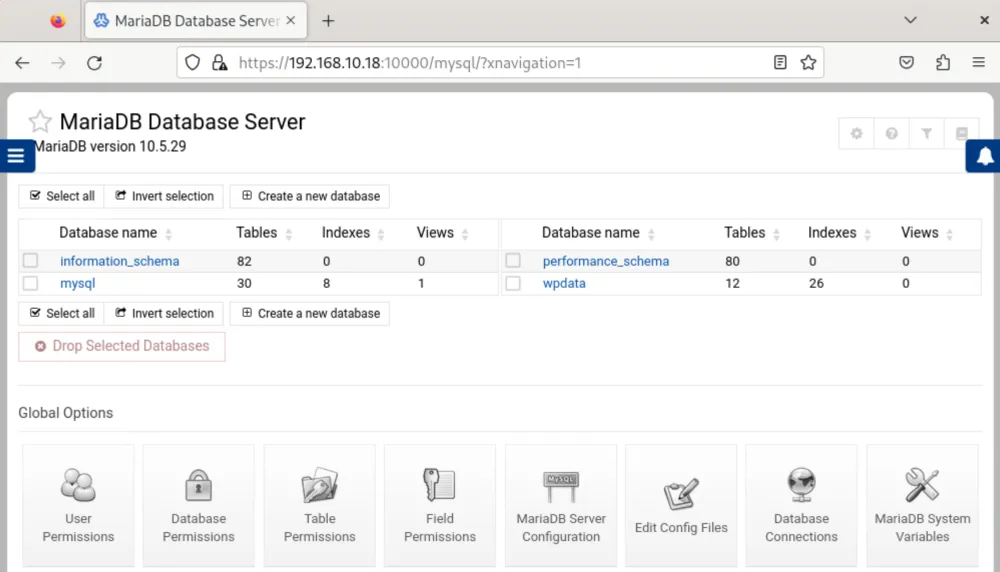 Webmin dashboard in browser showing the server administration interface on port 10000 with MariaDB status