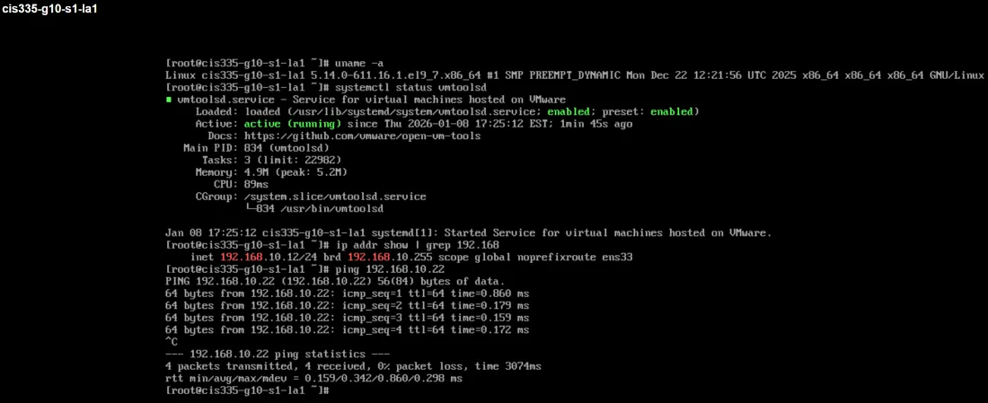 Terminal output showing uname, VMware Tools status, ip addr, and ping results confirming Rocky Linux setup