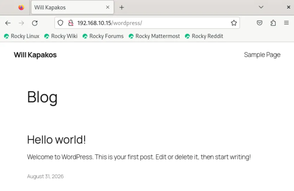 Browser showing WordPress installation homepage alongside Webmin interface confirming LAMP stack is running