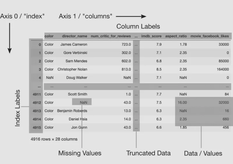 Labeled diagram of a pandas DataFrame showing index (axis 0), columns (axis 1), and data regions from the movie dataset