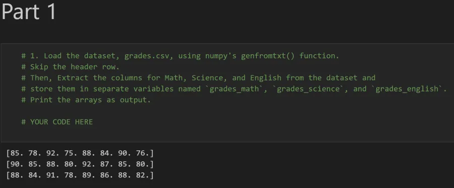 Expected output: NumPy array indexing demonstration extracting elements from a 2D array