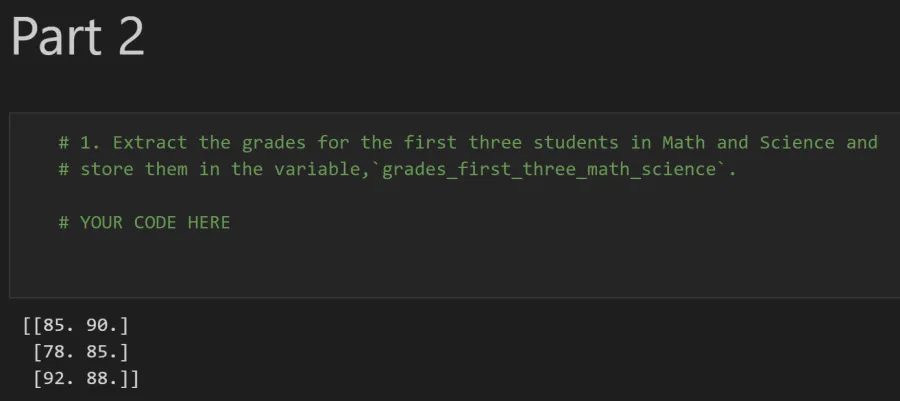 Expected output: NumPy array slicing operations extracting rows and columns from a 2D array