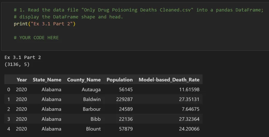 Expected output: pandas DataFrame loaded from a second CSV with 3,136 rows and 5 columns showing first rows