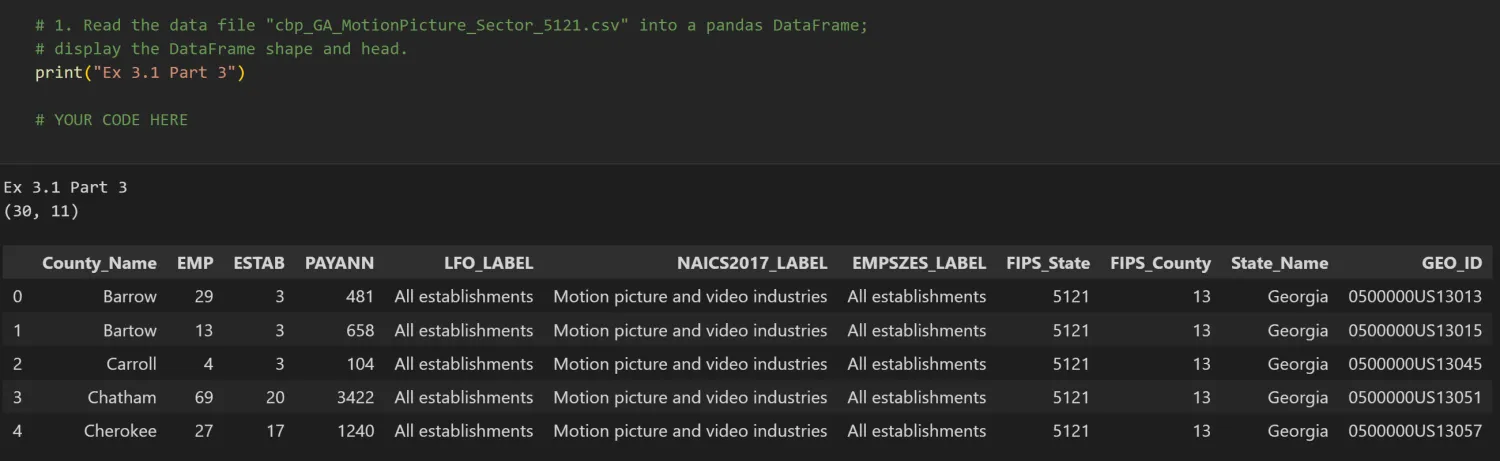 Expected output: pandas DataFrame loaded from a third CSV with 30 rows and 11 columns showing first rows