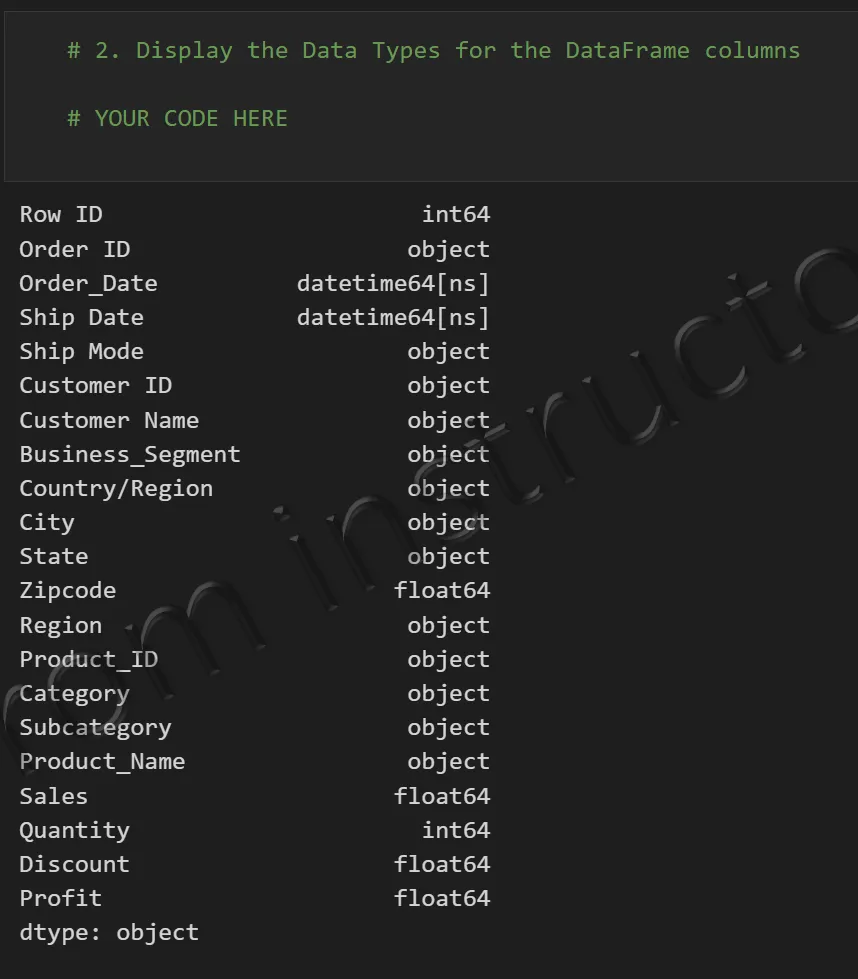 Expected output: DataFrame shape, columns, and dtypes for the 9,994-row Superstore dataset