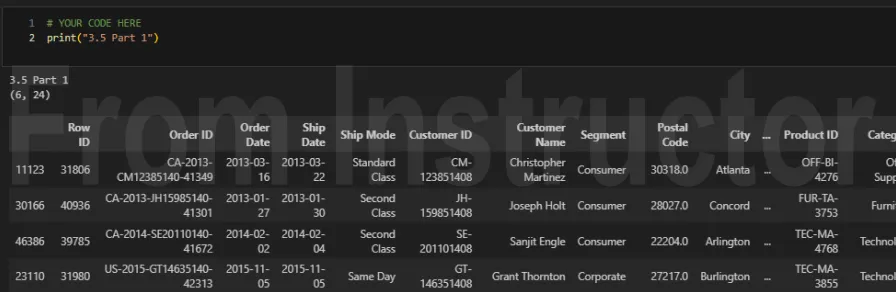 Expected output: Global Superstore DataFrame filtered to NC, GA, VA with Sales over $3,000 sorted by Segment, Customer Name, Sales