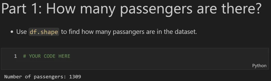 Expected output: Titanic passenger DataFrame shape and info() output showing column names and data types